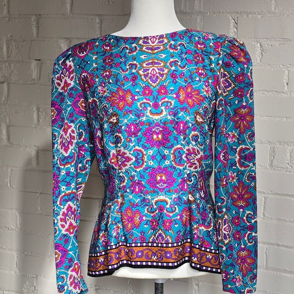 80s Vintage Richard Warren 100% Silk Peplum Top Teal Whimsigoth Paisley Floral